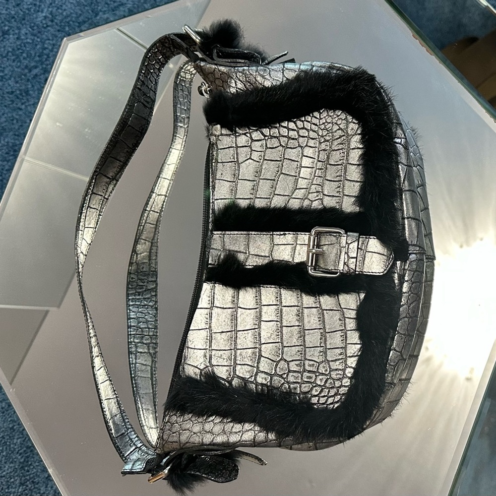 Elegant Silver Crocodile-Embossed genuine, leather and fur